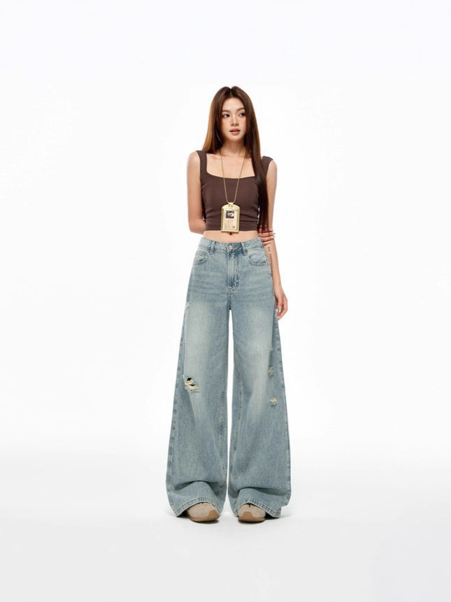 Retro Washed Distressed Jeans for Women, Loose High-Waisted Slim Straight Wide-Leg Pants, Floor-Length Pants