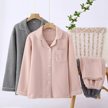 Solid Color Air Layer Couple suit Cotton Four-color Home Breathable Warm Home Clothes V-neck Men's and Women's Pajamas