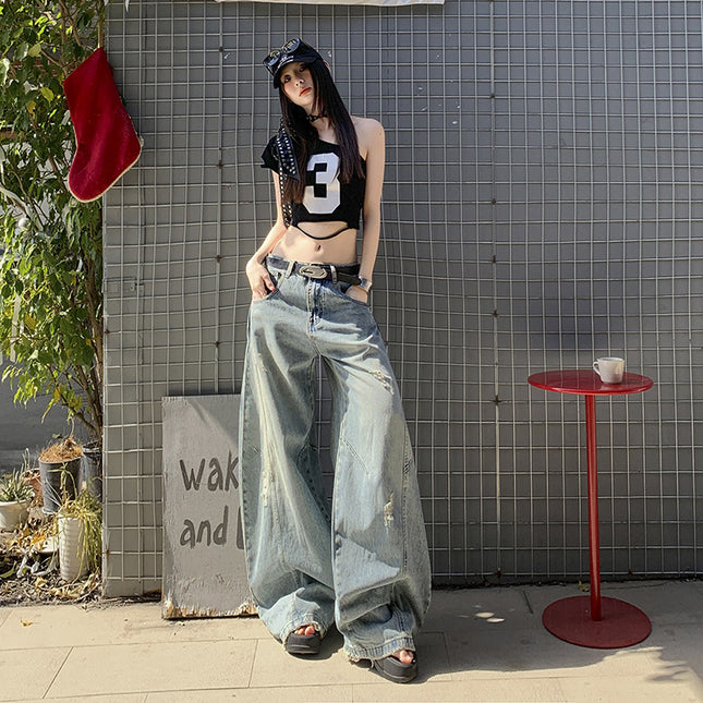 Vintage Ripped Scimitar Wide Leg Jeans Women's 2025 Spring and Autumn New Straight Loose High Waist Slimming Mop Pants