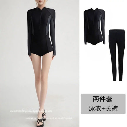 New Long-sleeved Swimsuit Women's Hot Spring Gathering Conservative Bikini Belly-covering Slim Surfing Swimsuit Ins Style