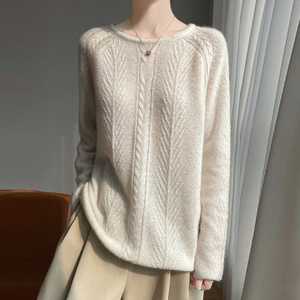 Silk Cashmere Series ~ 75% Cashmere 25% Mulberry Silk Round Neck Cable Beaded Pullover Knitwear Outer Knitwear