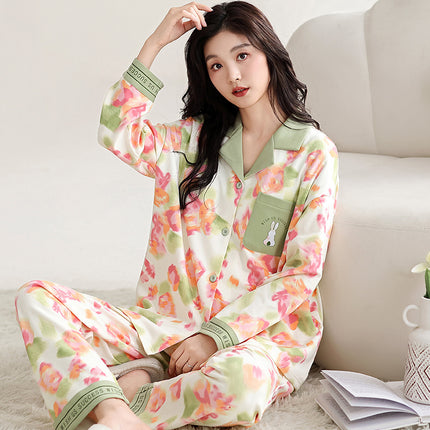 Pure Cotton Pajamas Women's Spring and Autumn Women's Casual Long-sleeved Trousers Home Clothes Women's Autumn Lapel Home suit Green