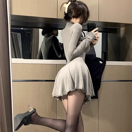 Pure Desire Hot Girl High Neck Versatile Long Sleeve Dress Women's Autumn and Winter New Waist Puff Skirt Slimming Bottoming Skirt Short Skirt