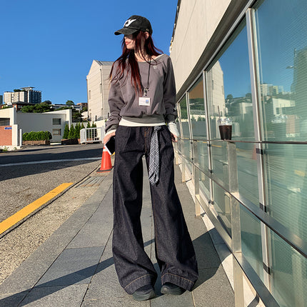 Bumi House# Slack Street High Waist Loose Meat Covering Jeans Women's 2024 Autumn New Tannin Primary Color Wide Leg Pants