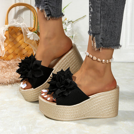Plus Size Flower Wedge Slippers Women's Open Toe 2025 Summer New Cross-Border Thick-Soled European and American Sandals and Slippers Size 35-43