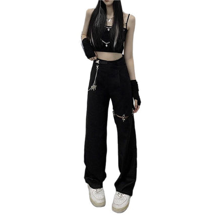 New Design Detachable Ripped Casual Pants for Women Summer Hollow Casual Suit Pants High Waist Slim Long Pants