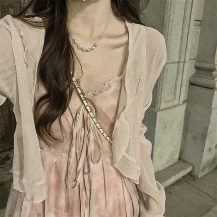 Pink floral gentle style suspender skirt cardigan two-piece set little fairy dress Mori first love skirt suit