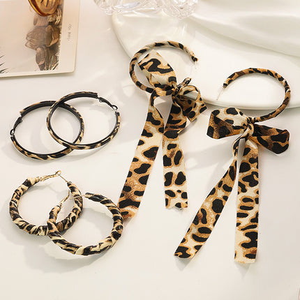 Autumn and Winter Leopard Print Ribbon Bow Earrings for Women, European and American Handmade Personalized Earrings, High-End Large Circle Earrings