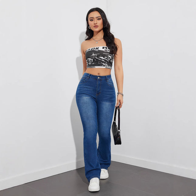 Clearance Classic Style Vintage-Flavored Flared Jeans for Women, High-Waisted, Slimming, Stretchy, Floor-Length Pants, Cross-Border