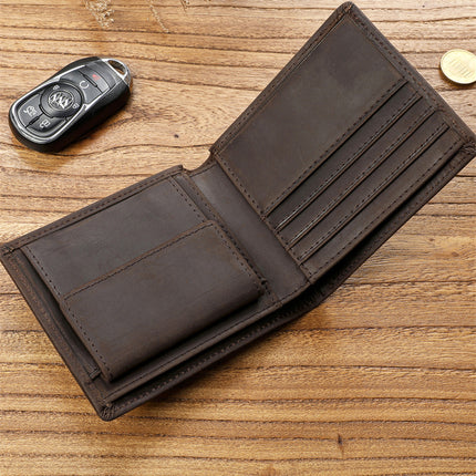 Men's Retro Crazy Horse Top Layer Cowhide Short Wallet Youth Genuine Leather Driver's License Wallet for Boyfriend Dad Gift