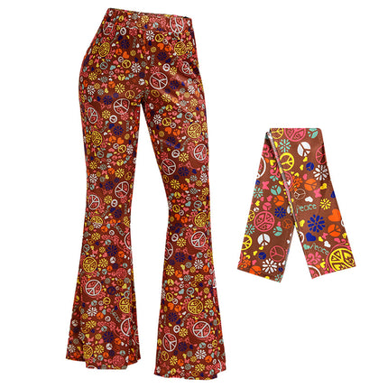 2025 Amazon Hot Selling Women's Hippie Clothing Fashionable Wide Leg Flare Pants Contrast Printed Trousers + Headscarf