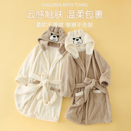 Children's Hooded Cloak New Coral Velvet Cartoon Bear Embroidery Wearable Bathrobe Baby Nightgown Bath Towel Wholesale
