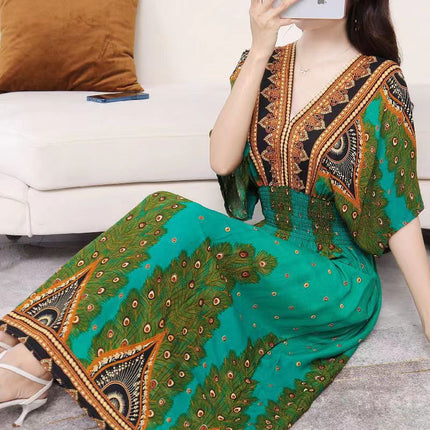 Cross-border ethnic style V-neck cotton silk short-sleeved beach skirt Thailand travel dress summer printed holiday floral skirt