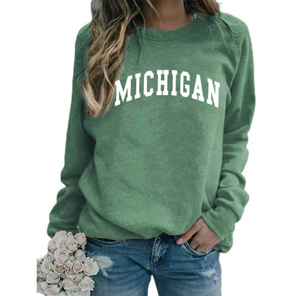 Cross-border supply of European and American foreign trade MICHIGAN printed crew neck sweater top women's coat autumn and winter European size