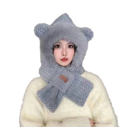 Autumn and Winter Hats for Women, Cute Plush Scarf, Thickened Integrated Neck Warmer, Plush Hat for Cycling, Warm Ear Protection Hat
