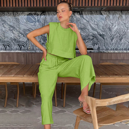 Fashion Cotton Linen suit Women's 2024 Summer New Shoulder Pad Sleeveless Top Trousers Two-piece Set of European and American Casual