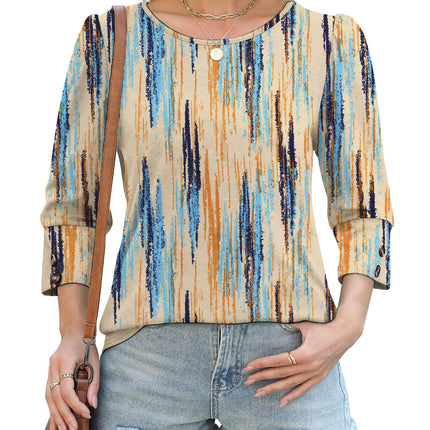 50 Colors Cross-Border European and American Amazon Spring and Summer New Printed T-Shirts with Cuff Buttons, Casual Versatile Vacation Women's Clothing
