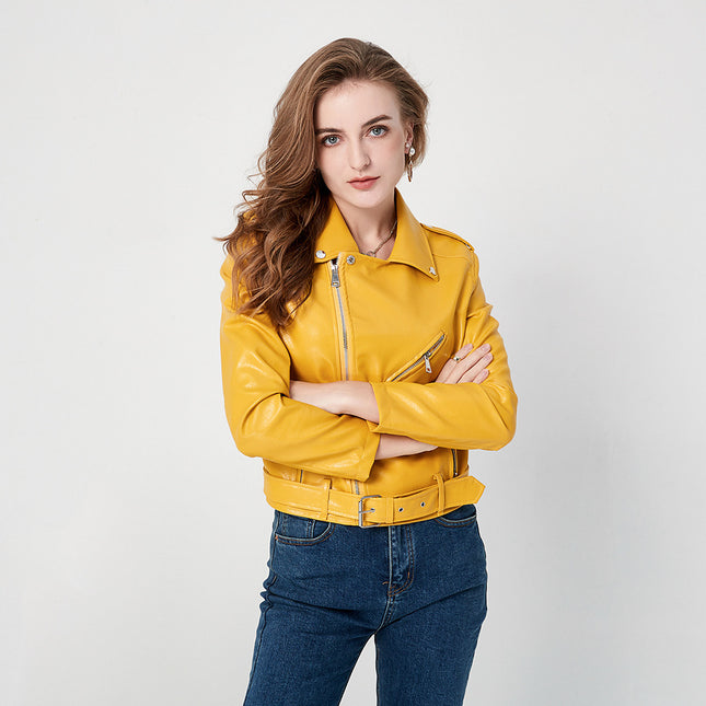 Cross-Border 2026 New European and American Style Motorcycle Diagonal Leather Jacket, Spring and Autumn Women's Short Slim-Fit Leather Coat