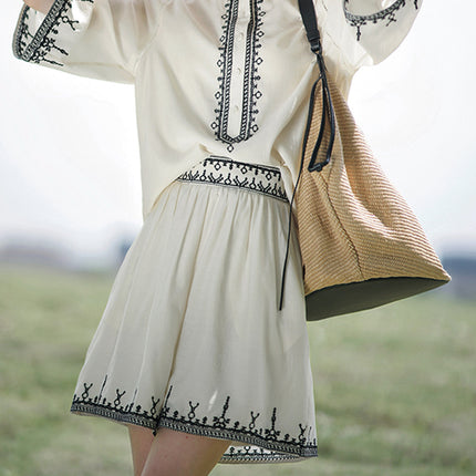 | Provence · Embroidered suit | 2024 Summer Retro Round Neck Light Luxury Small Shirt Casual Shorts suit Women
