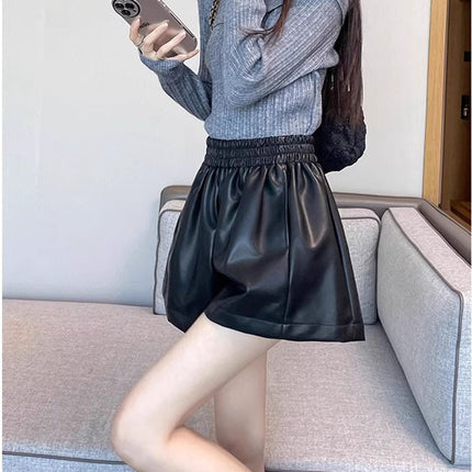 pu leather shorts women's 2023 autumn and winter new high waist a figure slim wide leg pants small casual outer boot pants