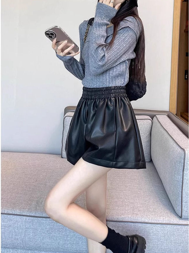 pu leather shorts women's 2023 autumn and winter new high waist a figure slim wide leg pants small casual outer boot pants