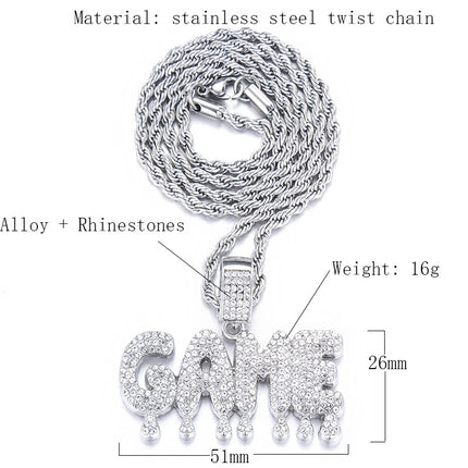 New Hip Hop Pendant Personality Full Diamond GAME Letter Creative Water Drop Hip Hop Jewelry Men Factory Direct Sale