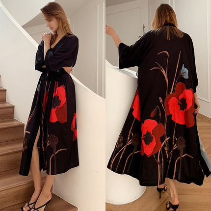 Yaoting New Style Satin Pajamas Women's Summer Large Size Light Luxury Seven-point Sleeve Cool Nightgown Bathrobe Home Clothes Women's WP2669