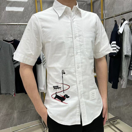 Factory Direct Camp Spring and Summer New TB Puppy Embroidered Sleigh Pattern Short Sleeve Oxford Shirt for Men and Women Couples Same Style