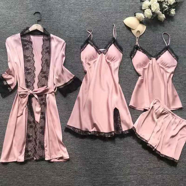 Cross-Border Four-Piece Pajama Set for Women, Spring and Summer Ice Silk Camisole Nightgown Set with Chest Pads, Loungewear, Lingerie