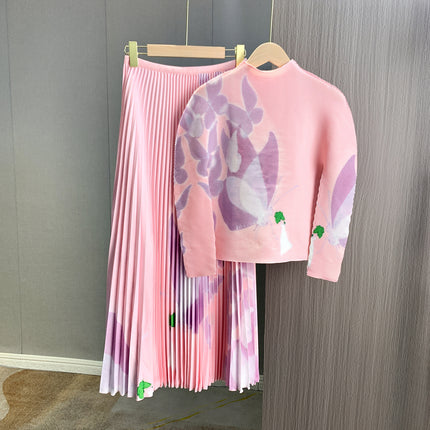 Early Autumn Pleated Fashion Stylish Design Printed High Neck Slim-Fit Stretch Long Sleeve Top Elastic Waist Skirt suit