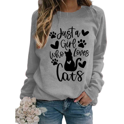 Who loves cats printed crew neck coat European size ladies coat long sleeve cross-border foreign trade supply