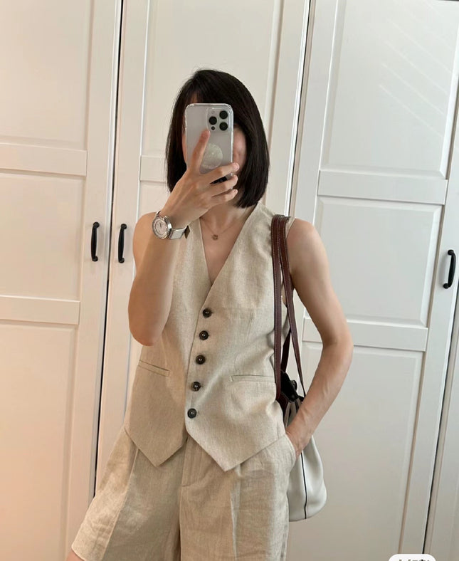Spring 25-year-old Joker-style Horse Clip Flax Cotton V-neck Vest