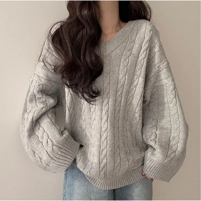 In-Stock Korean Chic Loose Lazy Autumn and Winter Sweater for Women with Cable Knit Design, Simple Thick Knit Top