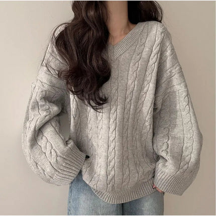In-Stock Korean Chic Loose Lazy Autumn and Winter Sweater for Women with Cable Knit Design, Simple Thick Knit Top