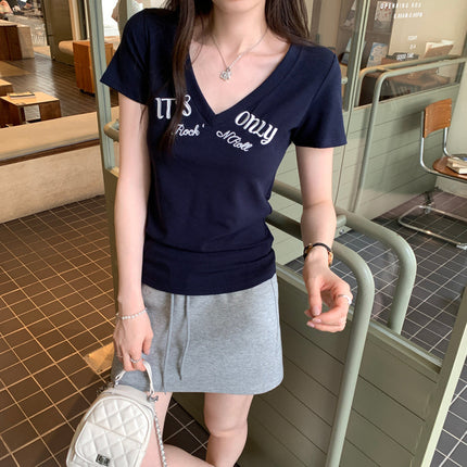 Affordable Women's Style Letter Printed V Neck Right Shoulder Short-Sleeved T-Shirt for Women 2025 Summer New Pure Pinch Waist Sexy Top