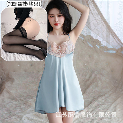 Suqing New Spring and Summer Comfortable Pajamas Backless Sweet Embroidered Lace Sling Nightgown Women's Cardigan Home Clothes suit