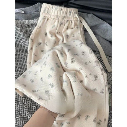 Ice Silk Floral Wide-Leg Pants for Women, Summer Thin High-Waisted Loose Slimming Drape Lazy Fashion Casual Straight-Leg Long Pants
