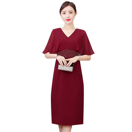 Middle-aged mother wedding dress wine red dress 2023 Summer new fashion temperament Xi mother-in-law dress