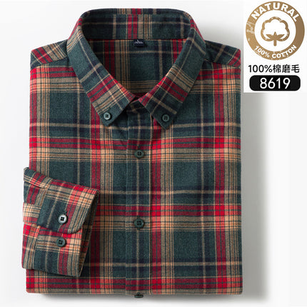 Autumn and Winter New Pure Cotton Brushed Long-Sleeved Shirts for Young and Middle-Aged Plaid Casual Business Men's Shirts Popular on Douyin