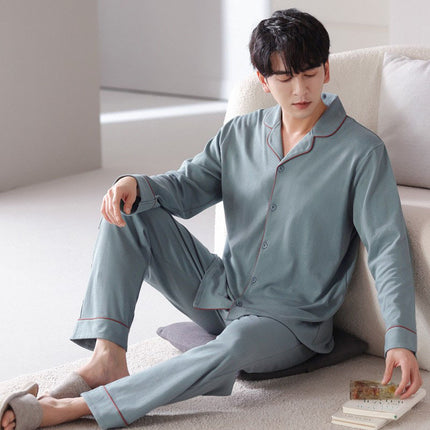 High-End Men's Pajamas Spring and Autum New Pure Color Long-Sleeved Pants Scandinavian Style Imitation Cotton Home Wear Set