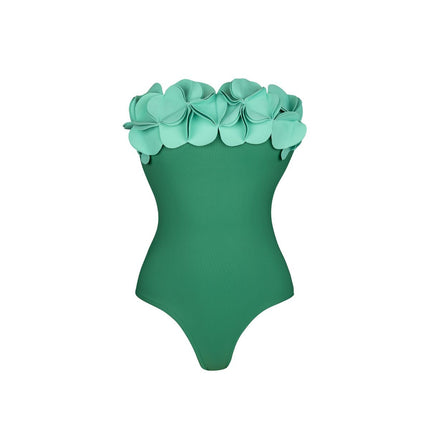 2025 Cross-Border European and American Swimwear New 3D Flower Tube Top Fresh Green One-Piece Swimsuit Wrap Skirt Suit for Women 25316