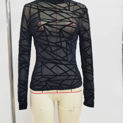 Europe and the United States cross-border 2024 new single-layer mesh small collar flocking printing long sleeve base coat women's T-shirt