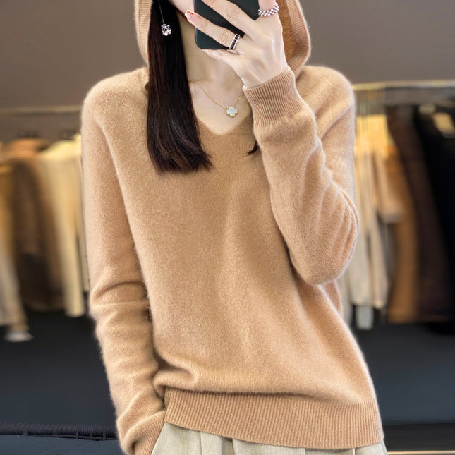 First-Line Garments 100 Pure Wool 2025 Spring New Women's V-Neck Hooded Sweater Pullover Short Needle Sweater
