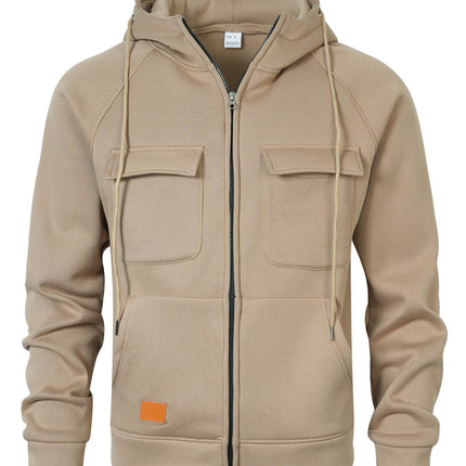 Spring, Autumn and Winter American Workwear Retro Hooded Loose Brushed Sweatshirt for Men, Youth Multi-Flap Pocket Pants Leather Cardigan Jacket