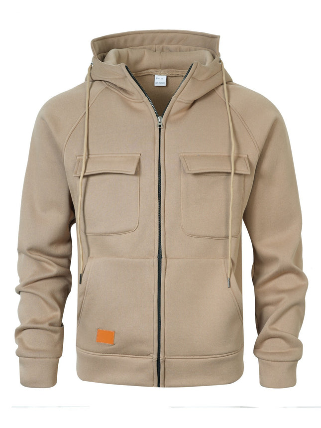 Spring, Autumn and Winter American Workwear Retro Hooded Loose Brushed Sweatshirt for Men, Youth Multi-Flap Pocket Pants Leather Cardigan Jacket