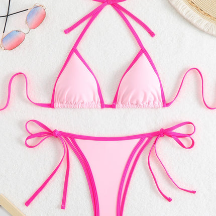 2025 New Amazon European and American Color-Blocked Halter Sexy Bikini Swimsuit Women's Beach Hot Spring Swimsuit Bikini