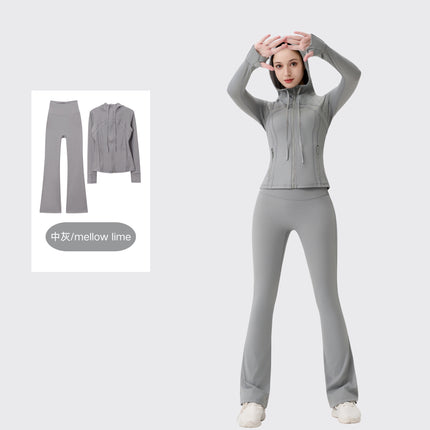 [in Stock] Ld Hooded Flared Jacket Set Top Women's Tight Elastic Fitness Sports Running Yoga Wear