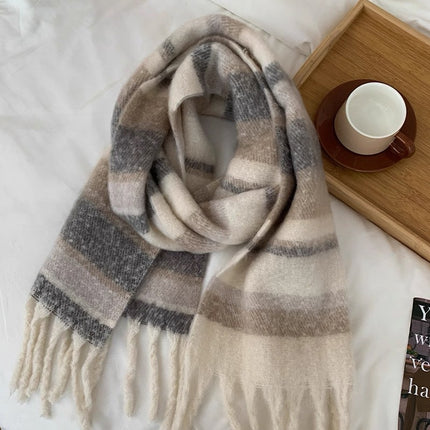 New Striped Scarf for Women, Autumn and Winter Thickened Warm Neck Scarf, Versatile Solid Color for Students, Manufacturer Cross-Border Fashion