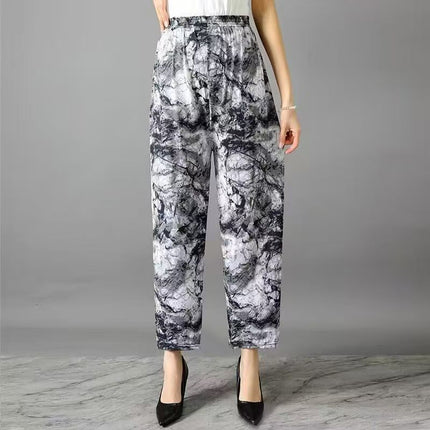 Foreign Trade Plus Size Middle-aged and Elderly Summer Thin Breathable Nine-point Flower Pants Mom Pants Ice Silk Loose Straight Pants