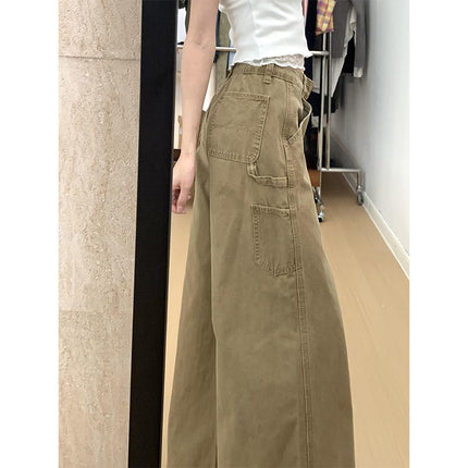 Khaki Drapey Wide-Leg Jeans Fashionable New Women's 2025 Straight Versatile Petite Floor-Length Pants Summer